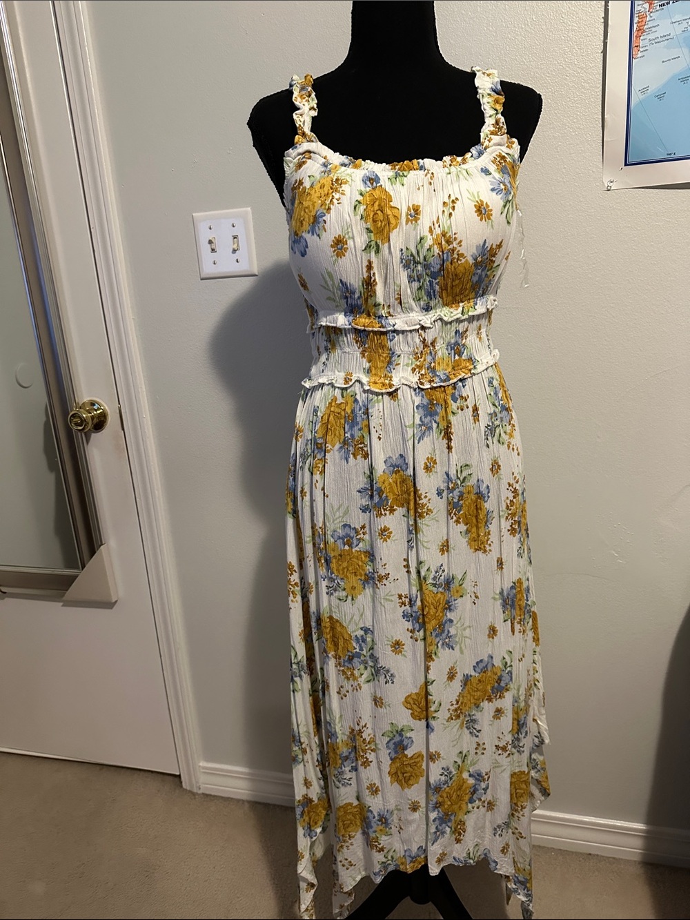 Derek Heart White Maxi Dress with Yellow & Blue Floral Print